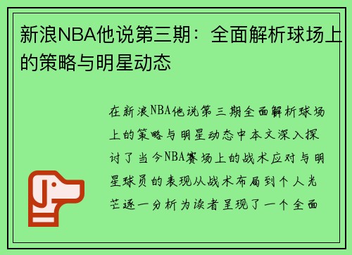 新浪NBA他说第三期：全面解析球场上的策略与明星动态